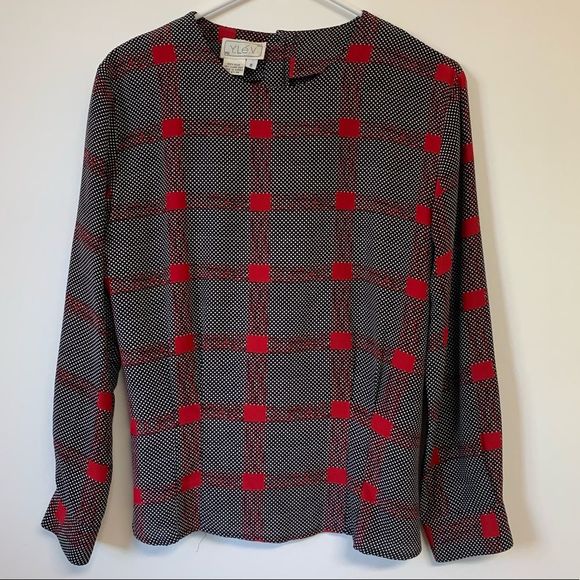 Y.Lé.V Tops - Vintage 80’s Y.Lé.V Black/White/Red Plaid & Polkadot Silk Back Button Blouse